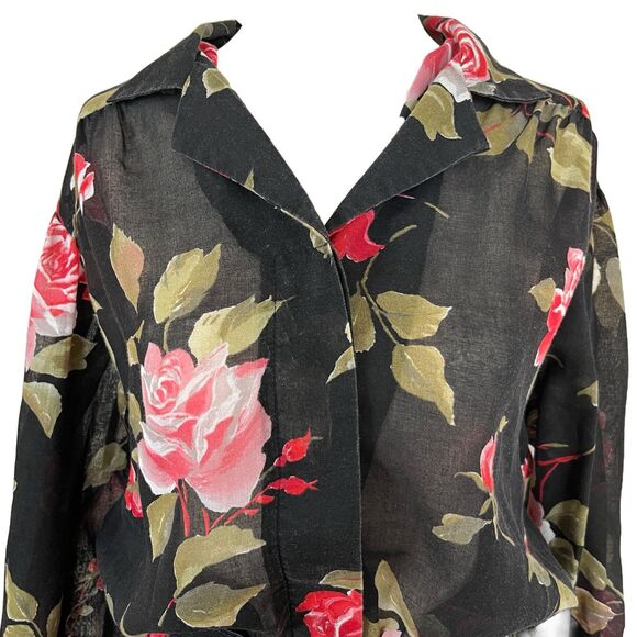 Vintage 1980s Retro Sheer Black Floral Cottagecore Midi Shirt Dress w/Pocket - Picture 2 of 11